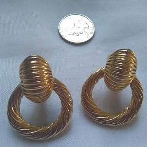 Vintage Monet Earrings Gold Tone Door Knocker Clip On Chunky Hoop Ribbed Round